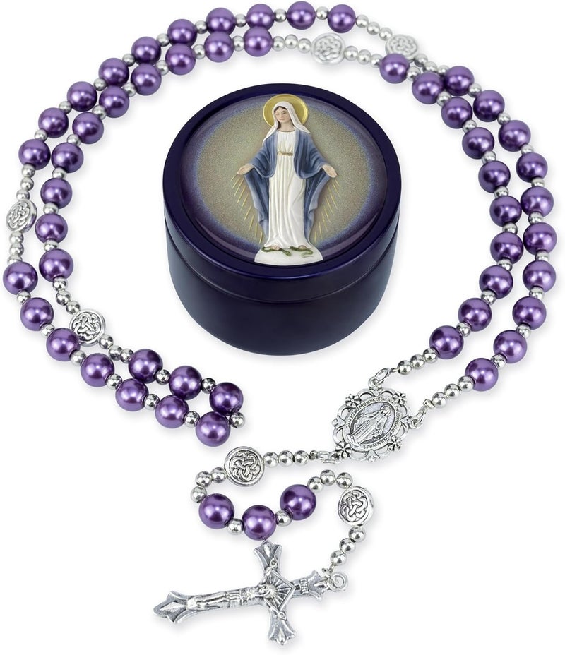SUTANALE 8mm Glass Pearl Rosary Necklace for Women - Catholic Prayer Beads with Gift Box, Handmade Religious Jewelry for Baptism, First Communion - Image 1